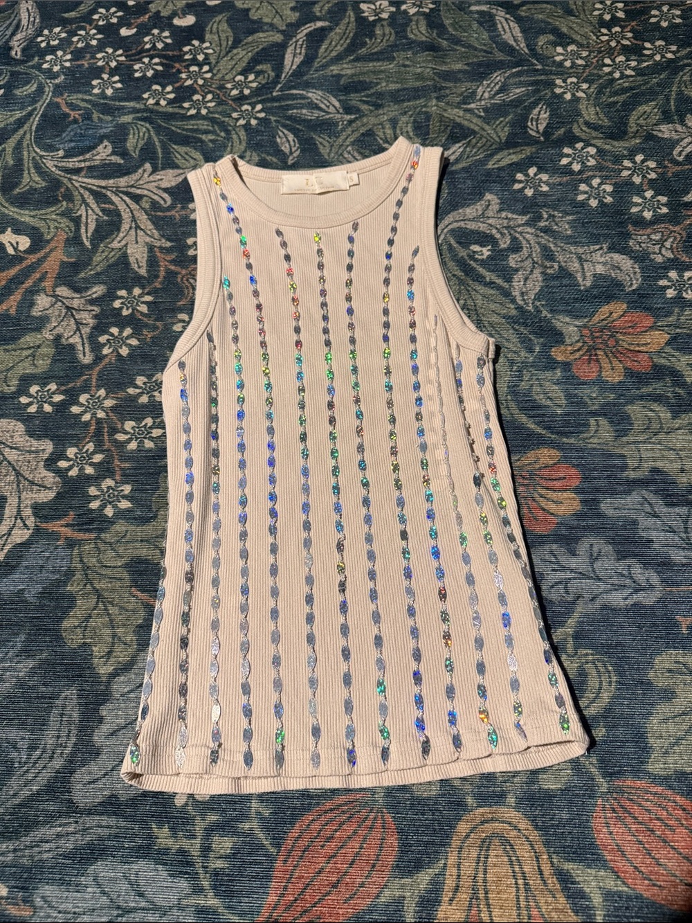 Cream Ribbed Tank Top with Iridescent Sequin Stripes